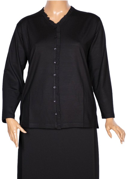 Cimariva Kadın Ülkü Büyük Beden Fırfırlı V Yaka Siyah Bluz