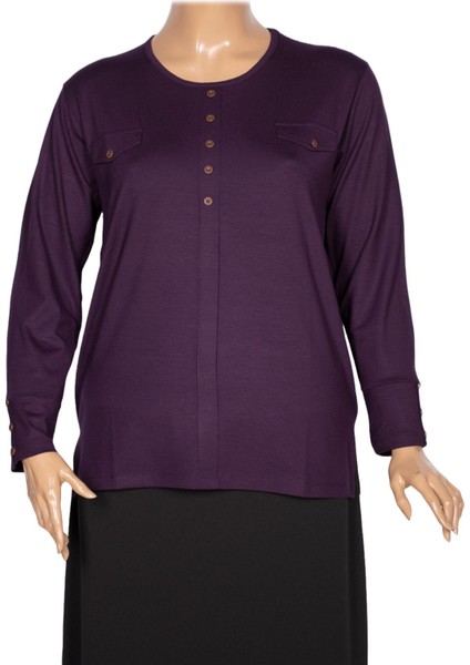 Cimariva Kadın Gaye Büyük Beden Süs Cep Kapaklı Mürdüm Bluz