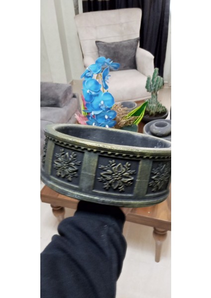 Retro Beton Saksı Yuvarlak Gri Eskitme