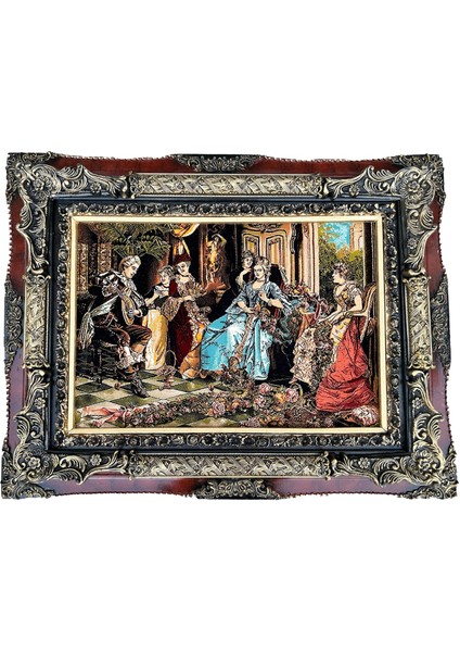 Çay Partisi Adlı Iran Tebriz Halı Tablo 95X74CM - Duvar Halı Kilim Tablo