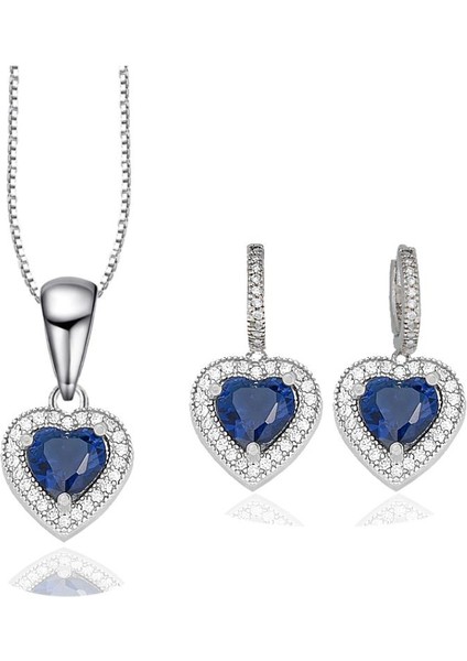 Diamond Model Lusso Elegant Sapphire Heart Kadın Kolye Küpe Seti