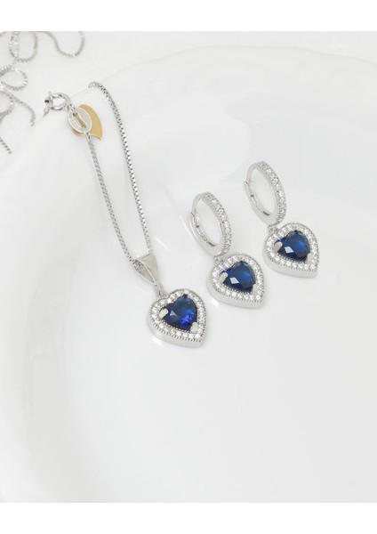 Diamond Model Lusso Elegant Sapphire Heart Kadın Kolye Küpe Seti fiyatları