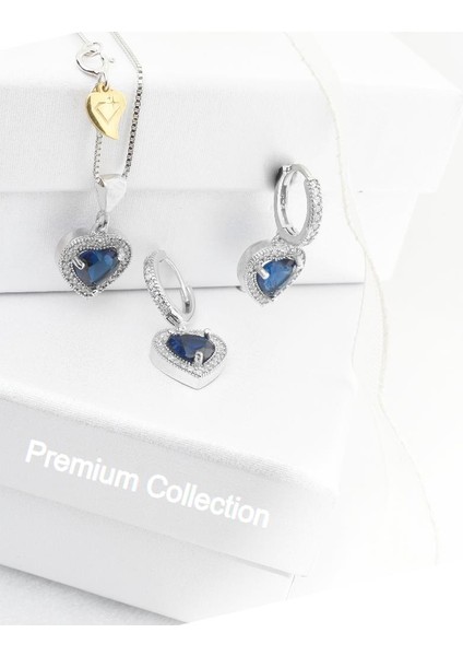 Diamond Model Lusso Elegant Sapphire Heart Kadın Kolye Küpe Seti modelleri
