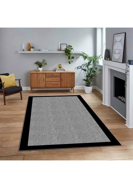 Dijital Baskılı Kaymaz Taban Yıkanabilir Jüt-Hasır Desen Mutfak Salon Halısı, V-Jüt-06-Siyah,