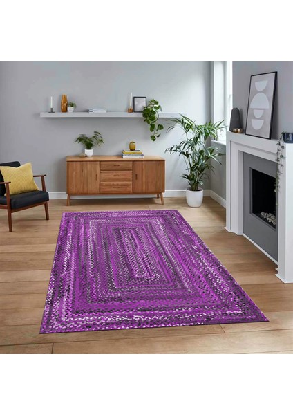 Dijital Baskılı Kaymaz Taban Yıkanabilir Jüt-Hasır Desen Mutfak Salon Halısı, V-Jüt-05-Mor,