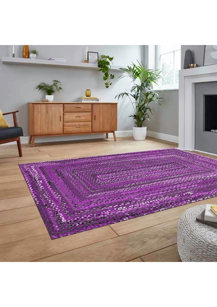 Dijital Baskılı Kaymaz Taban Yıkanabilir Jüt-Hasır Desen Mutfak Salon Halısı, V-Jüt-05-Mor,
