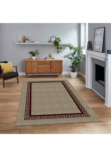 Dijital Baskılı Kaymaz Taban Yıkanabilir Jüt-Hasır Desen Mutfak Salon Halısı, V-Jüt-01-Bordo,