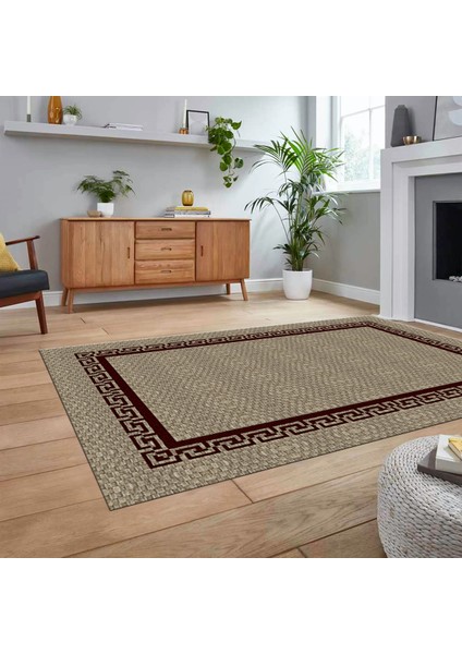 Dijital Baskılı Kaymaz Taban Yıkanabilir Jüt-Hasır Desen Mutfak Salon Halısı, V-Jüt-01-Bordo,