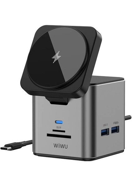 Magsafe Şarj Özellikli Type-C Hub Çoğaltıcı Wiwu WI-W025 9in1 Pd 100W-USB 3.0-SD/TF-HDMI-RJ45 Gri