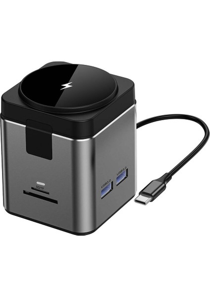 Magsafe Şarj Özellikli Type-C Hub Çoğaltıcı Wiwu WI-W025 9in1 Pd 100W-USB 3.0-SD/TF-HDMI-RJ45 Gri