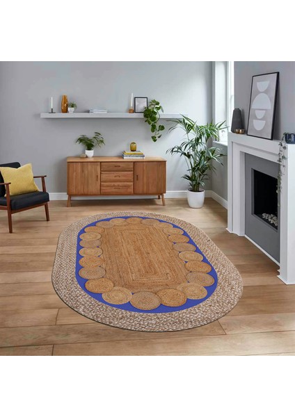 Dijital Baskılı Kaymaz Yıkanabilir Oval Jüt-Hasır Desen Mutfak Salon Halısı, V-O-Jüt-10-Mavi,