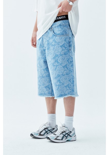 Etnik Desenli Bermuda Denim Şort
