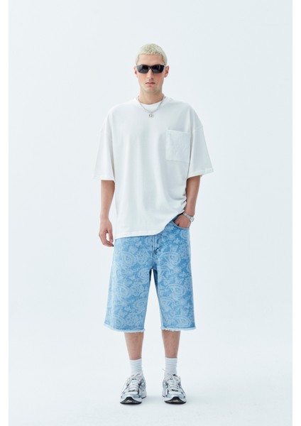 Etnik Desenli Bermuda Denim Şort