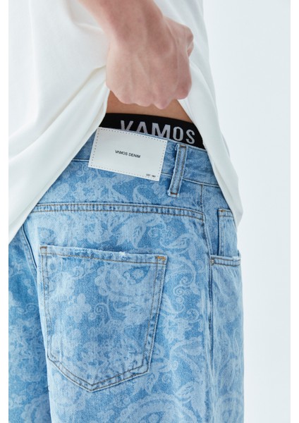 Etnik Desenli Bermuda Denim Şort