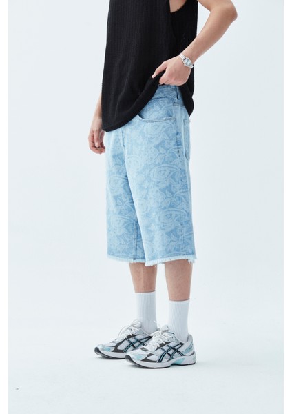 Etnik Desenli Bermuda Denim Şort