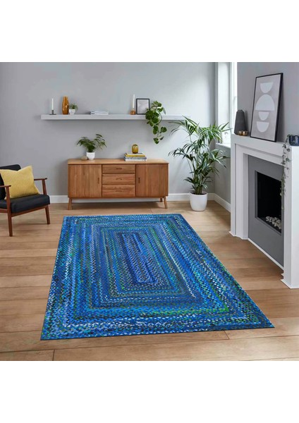 Dijital Baskılı Kaymaz Taban Yıkanabilir Jüt-Hasır Desen Mutfak Salon Halısı, V-Jüt-05-Mavi,