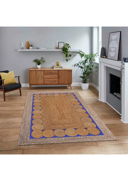 Dijital Baskılı Kaymaz Taban Yıkanabilir Jüt-Hasır Desen Mutfak Salon Halısı, V-Jüt-10-Mavi,