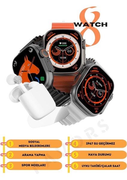 Watch 8 Akıllı Saat Siyah T 800 Ultra & Bluetooth Kulaklık Ios Android Uyumlu Ikili Fırsat Seti