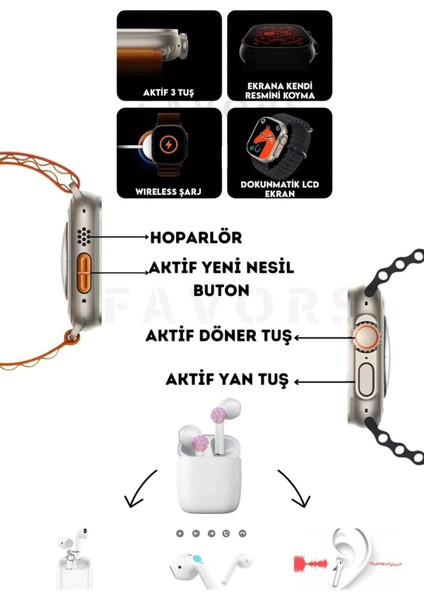 Watch 8 Akıllı Saat Siyah T 800 Ultra & Bluetooth Kulaklık Ios Android Uyumlu Ikili Fırsat Seti