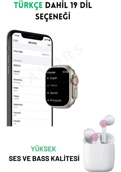 Watch 8 Akıllı Saat Siyah T 800 Ultra & Bluetooth Kulaklık Ios Android Uyumlu Ikili Fırsat Seti