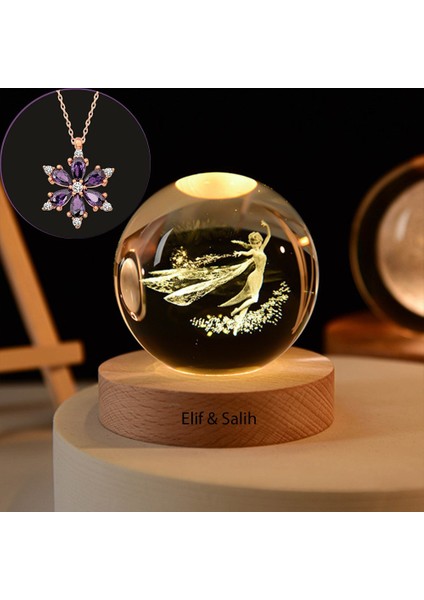Büyük Boy Işıklı Ahşap Kaideli Elsa Cam Küre 8cm ve Lotus Çiçeği Kolye