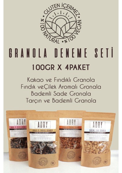 Granola Deneme SETI/100GRX4PAKET/VEGAN ve Glutensiz/kahvaltılık/katkısız/şeker Ilavesiz