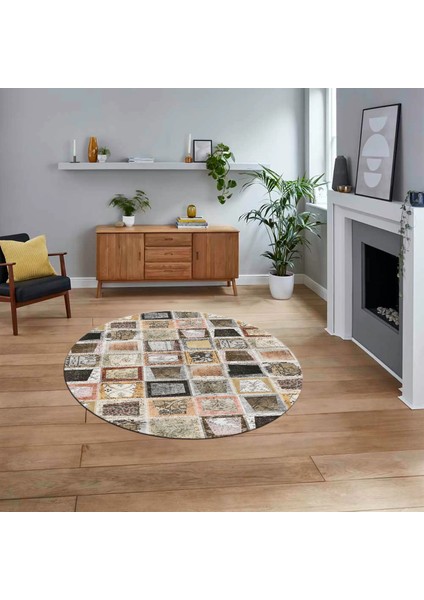Dijital Baskılı Kaymaz Yıkanabilir Yuvarlak Patchwork Mutfak Salon Halısı, V-Y-Patchwork-14-Kahve,