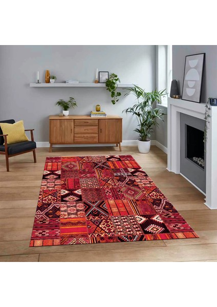 Dijital Baskılı Kaymaz Taban Yıkanabilir Patchwork Yolluk Salon Halısı, V-Patchwork-06-Kırmızı,