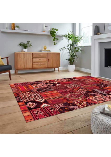 Dijital Baskılı Kaymaz Taban Yıkanabilir Patchwork Yolluk Salon Halısı, V-Patchwork-06-Kırmızı, fiyatları