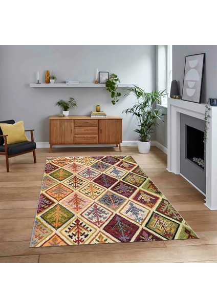 Dijital Baskılı Kaymaz Taban Yıkanabilir Patchwork Yolluk Salon Halısı, V-Patchwork-08-Renkli,