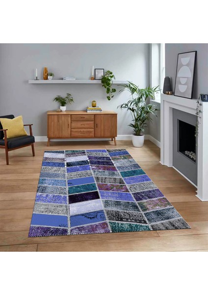 Dijital Baskılı Kaymaz Taban Yıkanabilir Patchwork Yolluk Salon Halısı, V-Patchwork-10-Mavi,