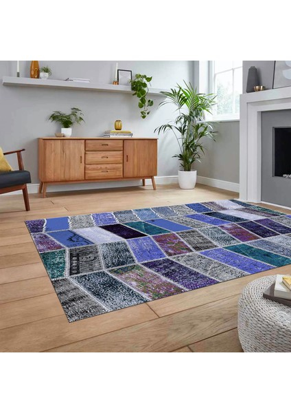 Dijital Baskılı Kaymaz Taban Yıkanabilir Patchwork Yolluk Salon Halısı, V-Patchwork-10-Mavi,