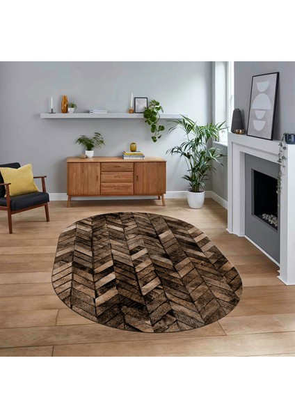 Dijital Baskılı Kaymaz Yıkanabilir Oval Patchwork Yolluk Salon Halısı, V-O-Patchwork-13-Kahve,