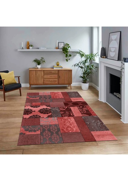 Dijital Baskılı Kaymaz Taban Yıkanabilir Patchwork Yolluk Salon Halısı, V-Patchwork-16-Kırmızı,