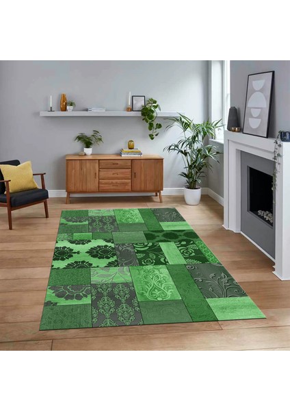 Dijital Baskılı Kaymaz Taban Yıkanabilir Patchwork Yolluk Salon Halısı, V-Patchwork-16-Yeşil,