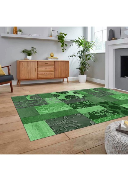 Dijital Baskılı Kaymaz Taban Yıkanabilir Patchwork Yolluk Salon Halısı, V-Patchwork-16-Yeşil,