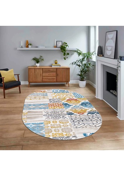 Dijital Baskılı Kaymaz Yıkanabilir Oval Patchwork Yolluk Salon Halısı, V-O-Patchwork-02-Renkli,