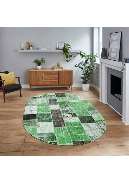 Dijital Baskılı Kaymaz Yıkanabilir Oval Patchwork Yolluk Salon Halısı, V-O-Patchwork-03-Yeşil,