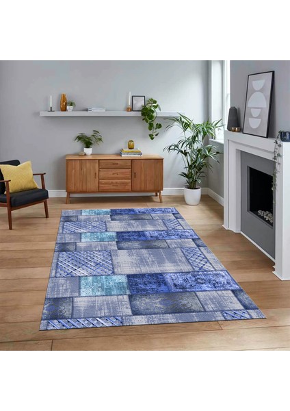 Dijital Baskılı Kaymaz Taban Yıkanabilir Patchwork Yolluk Salon Halısı, V-Patchwork-18-Mavi,
