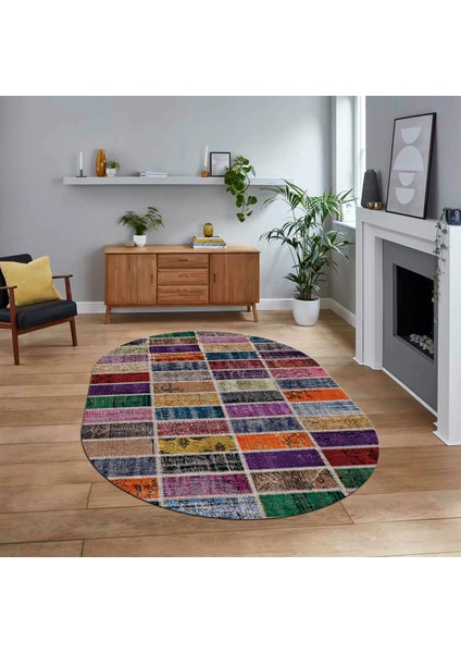 Dijital Baskılı Kaymaz Yıkanabilir Oval Patchwork Yolluk Salon Halısı, V-O-Patchwork-09-Renkli,