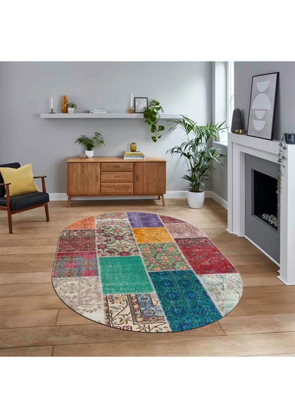 Dijital Baskılı Kaymaz Yıkanabilir Oval Patchwork Yolluk Salon Halısı, V-O-Patchwork-01-Renkli,