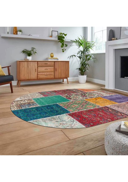 Dijital Baskılı Kaymaz Yıkanabilir Oval Patchwork Yolluk Salon Halısı, V-O-Patchwork-01-Renkli,
