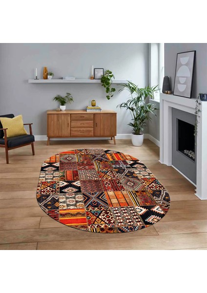 Dijital Baskılı Kaymaz Yıkanabilir Oval Patchwork Yolluk Salon Halısı, V-O-Patchwork-06-Renkli,