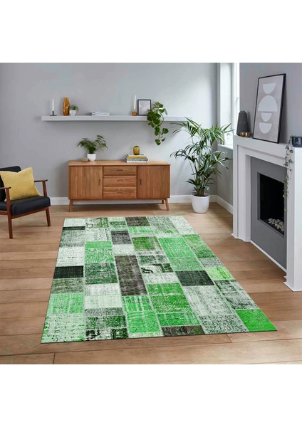 Dijital Baskılı Kaymaz Taban Yıkanabilir Patchwork Yolluk Salon Halısı, V-Patchwork-03-Yeşil,