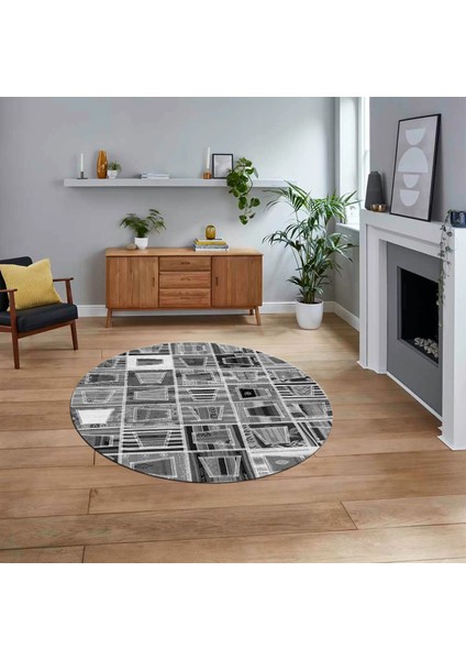 Dijital Baskılı Kaymaz Yıkanabilir Yuvarlak Patchwork Mutfak Salon Halısı, V-Y-Patchwork-11-Gri,