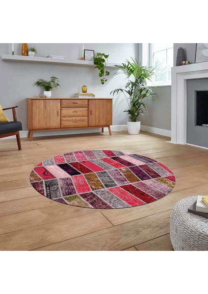 Dijital Baskılı Kaymaz Yıkanabilir Yuvarlak Patchwork Mutfak Salon Halısı, V-Y-Patchwork-10-Kırmızı,