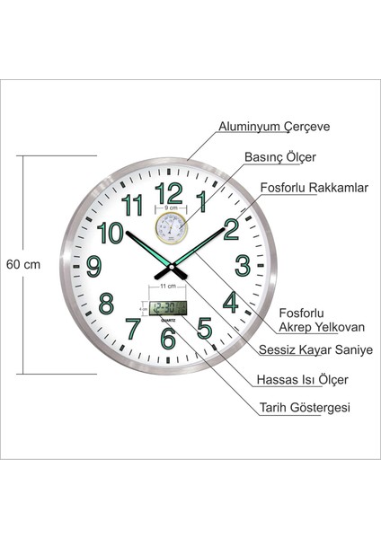 Oda Için Büyük 60CM Hassas Basınç Ölçer Isı Ölçer Termometreli Tarih Göstergeli Fosforlu Duvar Saati