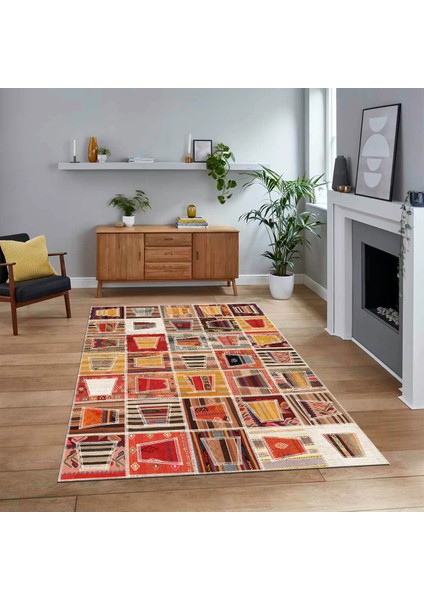 Dijital Baskılı Kaymaz Taban Yıkanabilir Patchwork Yolluk Salon Halısı, V-Patchwork-11-Renkli,
