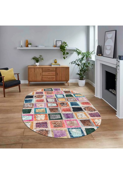 Dijital Baskılı Kaymaz Yıkanabilir Oval Patchwork Yolluk Salon Halısı, V-O-Patchwork-14-Renkli,