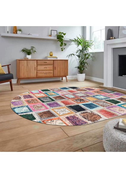 Dijital Baskılı Kaymaz Yıkanabilir Oval Patchwork Yolluk Salon Halısı, V-O-Patchwork-14-Renkli, fiyatları